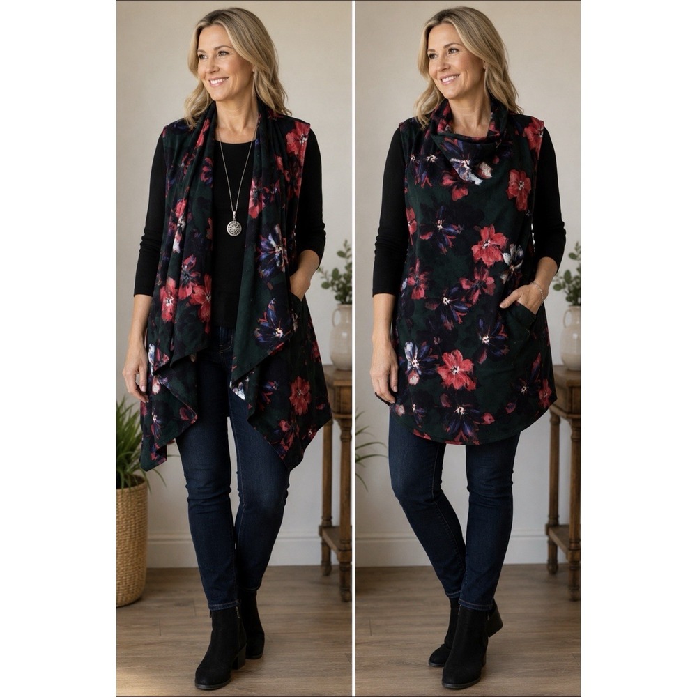Cuddl Duds Fleece Vest Women's 2X/3X Green Floral Open Stretch Front Wrap Cozy